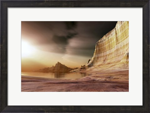 Framed sun shines down upon a lake near the mountains Print