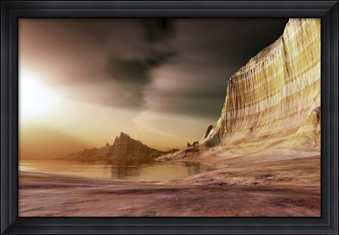 Framed sun shines down upon a lake near the mountains Print