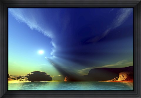 Framed Rays from the sun shine down on this colorful seascape Print