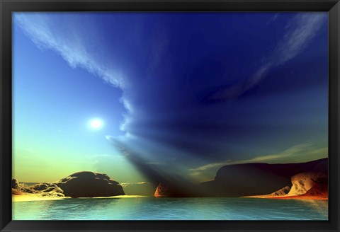 Framed Rays from the sun shine down on this colorful seascape Print