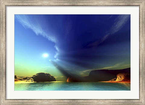 Framed Rays from the sun shine down on this colorful seascape Print