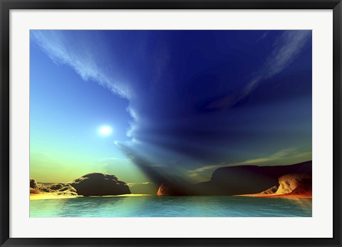 Framed Rays from the sun shine down on this colorful seascape Print