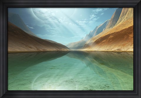 Framed beautiful river reflects light rays coming down from the sky Print