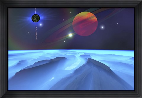 Framed Blue Fog and Mountains on Alien Planet Print