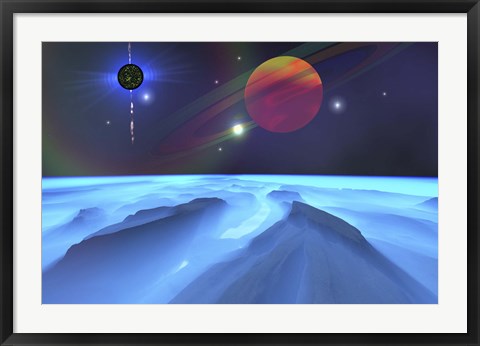 Framed Blue Fog and Mountains on Alien Planet Print