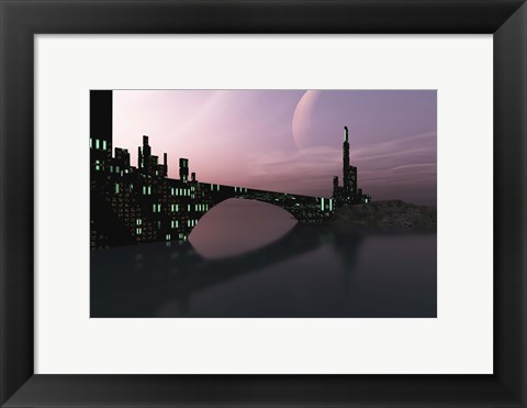 Framed City Relection in Calm Waters of Another Galaxy Print