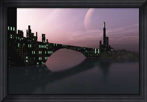 Framed City Relection in Calm Waters of Another Galaxy Print