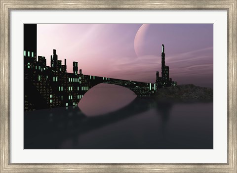 Framed City Relection in Calm Waters of Another Galaxy Print