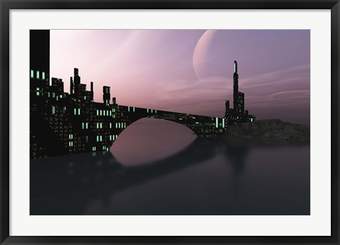 Framed City Relection in Calm Waters of Another Galaxy Print