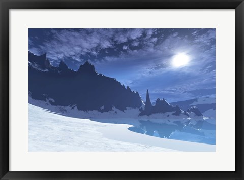 Framed cold winter night on this beach has a full moon Print