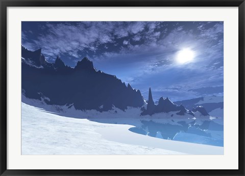 Framed cold winter night on this beach has a full moon Print