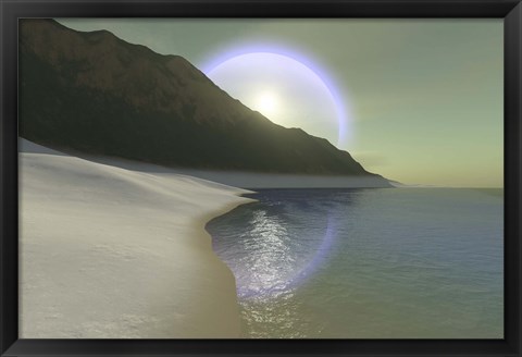 Framed halo surrouds the sun over this white sand beach Print