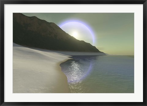 Framed halo surrouds the sun over this white sand beach Print