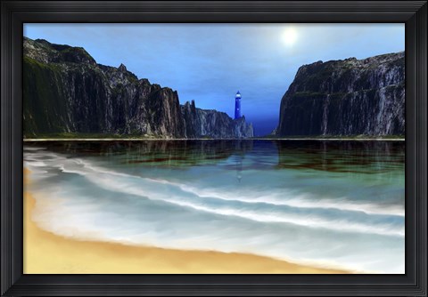 Framed lighthouse guards this beautiful cove Print