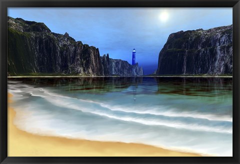 Framed lighthouse guards this beautiful cove Print