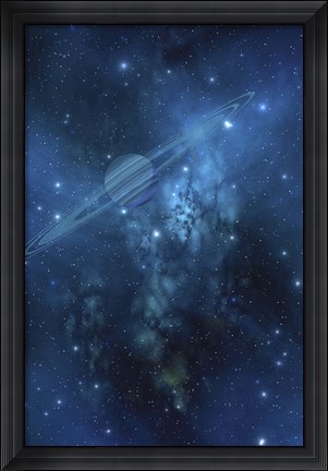 Framed ringed planet orbits near a beautiful nebula in space Print
