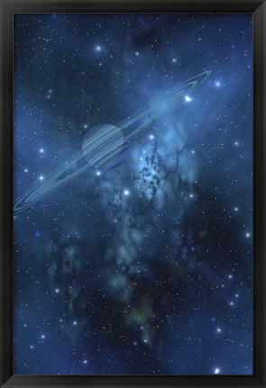 Framed ringed planet orbits near a beautiful nebula in space Print