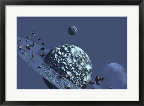 Framed ringed rocky planet has many asteroids in orbit Print