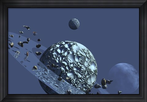 Framed ringed rocky planet has many asteroids in orbit Print