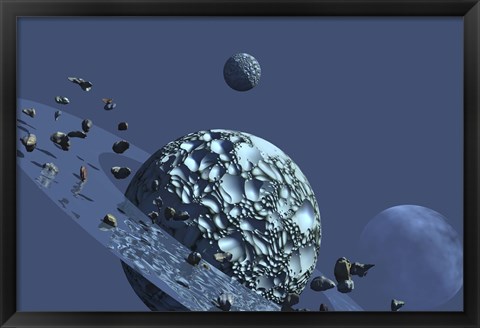 Framed ringed rocky planet has many asteroids in orbit Print