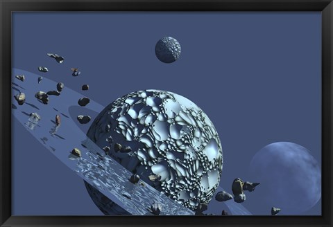 Framed ringed rocky planet has many asteroids in orbit Print