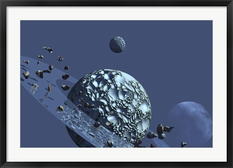 Framed ringed rocky planet has many asteroids in orbit Print