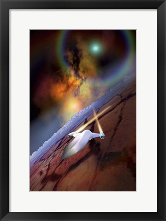 Framed spacecraft flys over another world Print