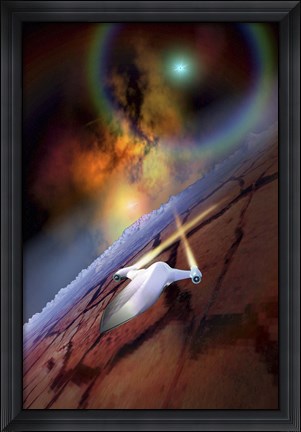 Framed spacecraft flys over another world Print