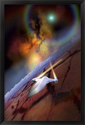 Framed spacecraft flys over another world Print