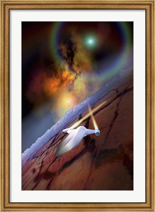 Framed spacecraft flys over another world Print