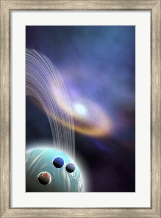 Framed spiral galaxy is near this ringed planet and its moons Print
