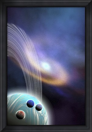 Framed spiral galaxy is near this ringed planet and its moons Print