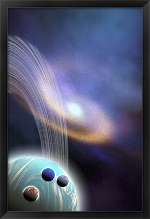 Framed spiral galaxy is near this ringed planet and its moons Print