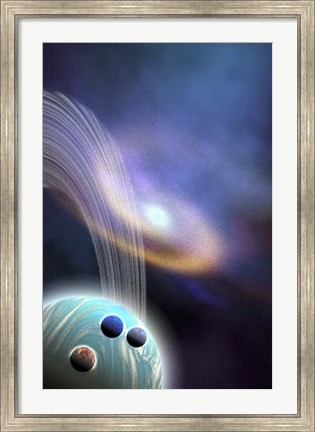 Framed spiral galaxy is near this ringed planet and its moons Print