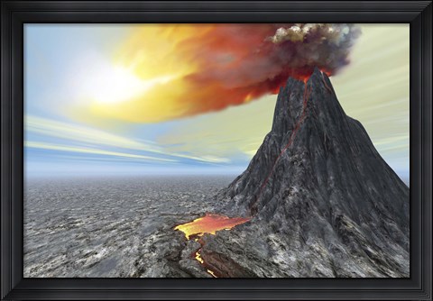 Framed volcano bursts forth with hot lava and billowing smoke Print