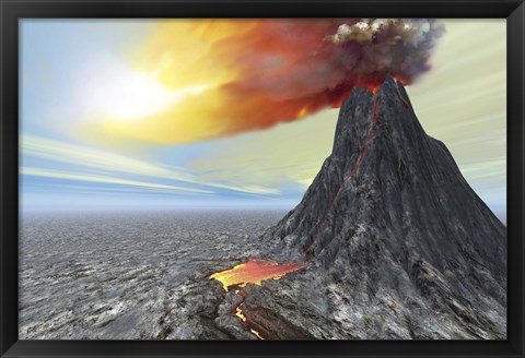 Framed volcano bursts forth with hot lava and billowing smoke Print