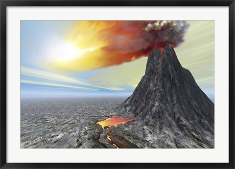 Framed volcano bursts forth with hot lava and billowing smoke Print