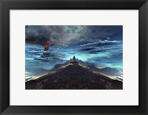 Framed volcano erupts near an ancient Mayan temple Print