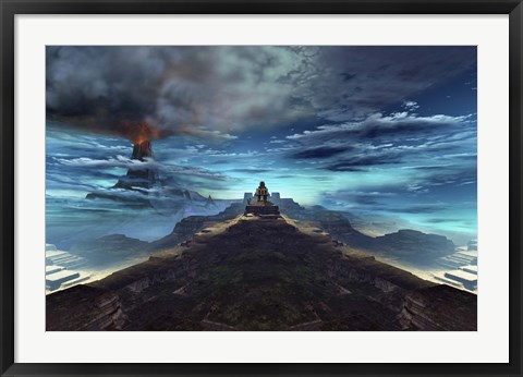 Framed volcano erupts near an ancient Mayan temple Print