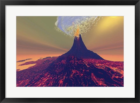 Framed volcano erupts with smoke, fire and lava Print