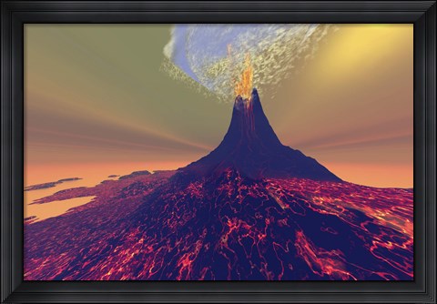 Framed volcano erupts with smoke, fire and lava Print