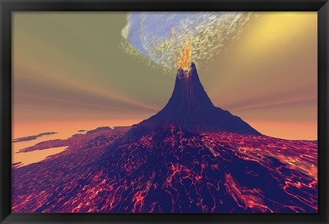 Framed volcano erupts with smoke, fire and lava Print