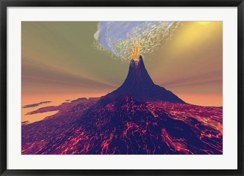 Framed volcano erupts with smoke, fire and lava Print