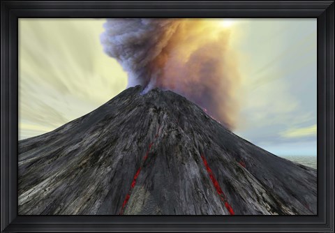 Framed active volcano belches smoke and ash into the sky Print