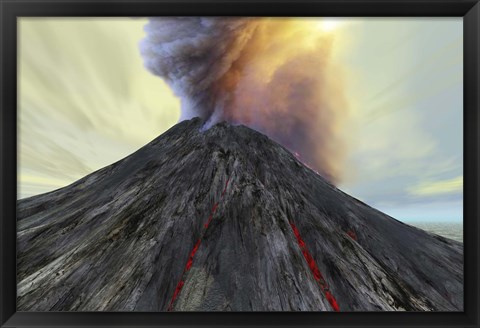 Framed active volcano belches smoke and ash into the sky Print