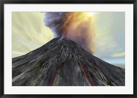 Framed active volcano belches smoke and ash into the sky Print