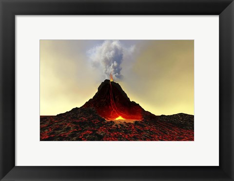 Framed active volcano spews out hot red lava and smoke Print