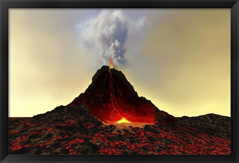 Framed active volcano spews out hot red lava and smoke Print
