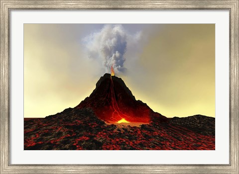 Framed active volcano spews out hot red lava and smoke Print