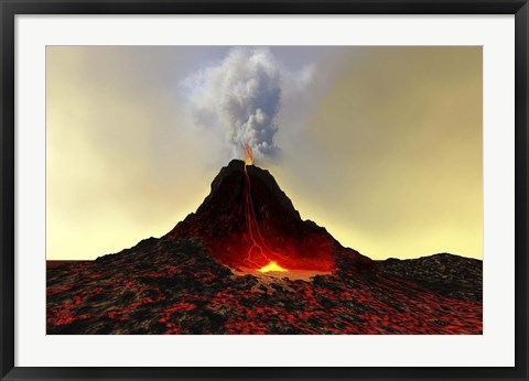 Framed active volcano spews out hot red lava and smoke Print